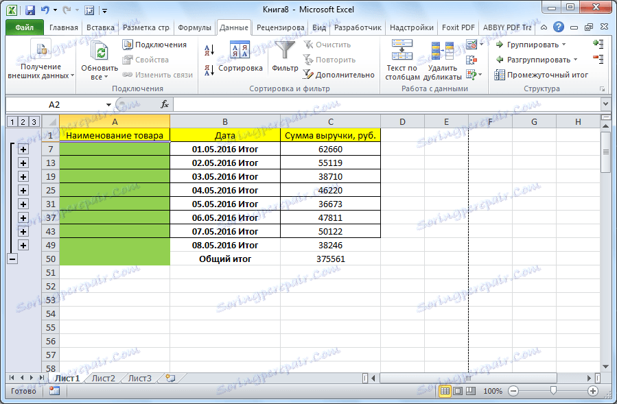 Таблицата е сгъната в Microsoft Excel