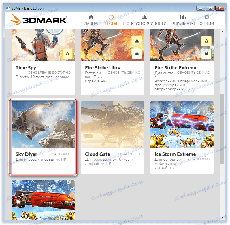 Výběr testu Sky Divers v testovacím programu systému 3DMark od vývojářů Futuremark