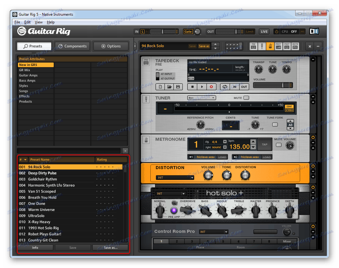 لیستی از تجهیزات موسیقی که توسط توسعه دهندگان نرم افزار در Guitar Rig ذخیره شده اند