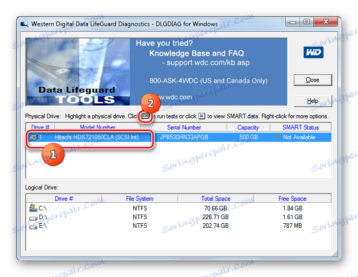 Przeprowadzenie testu dysku twardego w oknie diagnostyki Western Digital Data Lifeguard