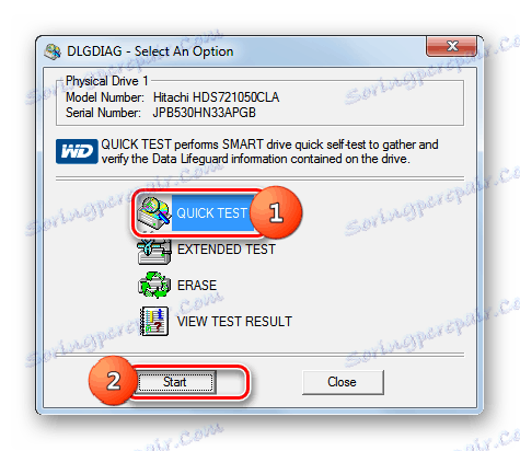 Uruchomienie testu dysku twardego w oknie programu Western Digital Data Lifeguard Diagnostic