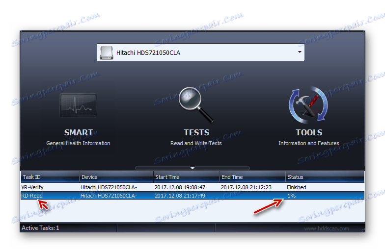 Wyświetl postęp testowania dysku twardego Odczytaj w oknie programu HDD Scan