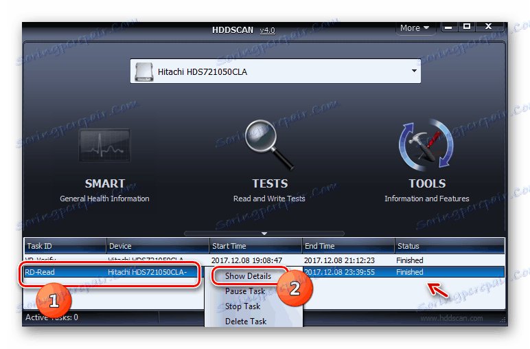 Przejście do przeglądania szczegółów testu odczytu dysku twardego po jego zakończeniu za pośrednictwem menu kontekstowego w oknie programu HDD Scan