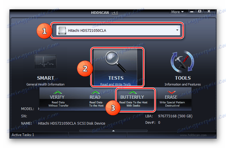 Uruchamianie testowania dysku twardego Motyl w oknie programu HDD Scan