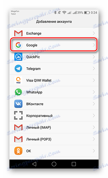 Prejdite na položku Google na karte Pridať účet