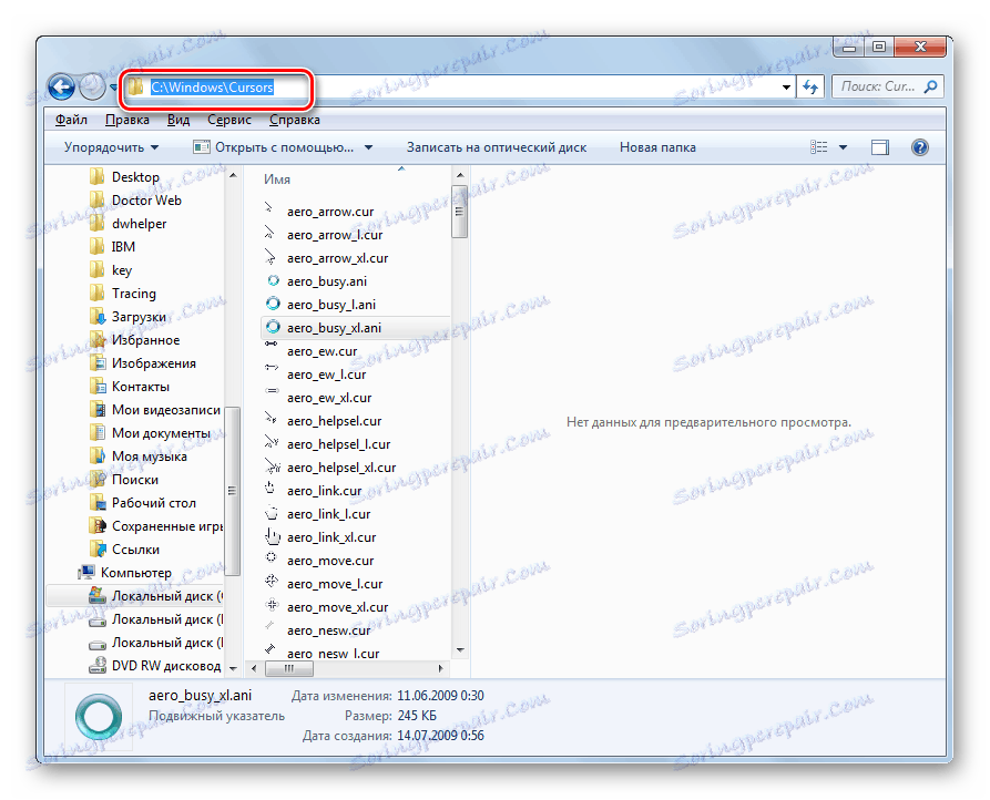 Папка за съхранение на курсори в Windows Explorer 7