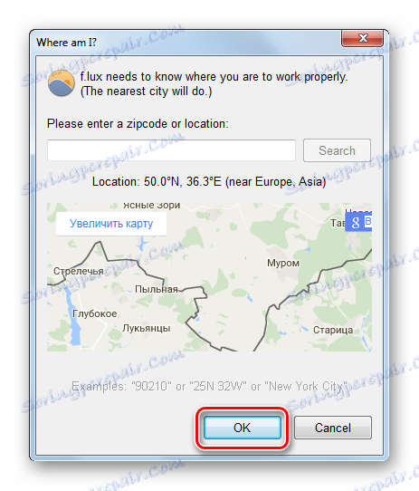 Potvrzení umístění na mapě v programu F.lux v systému Windows 7