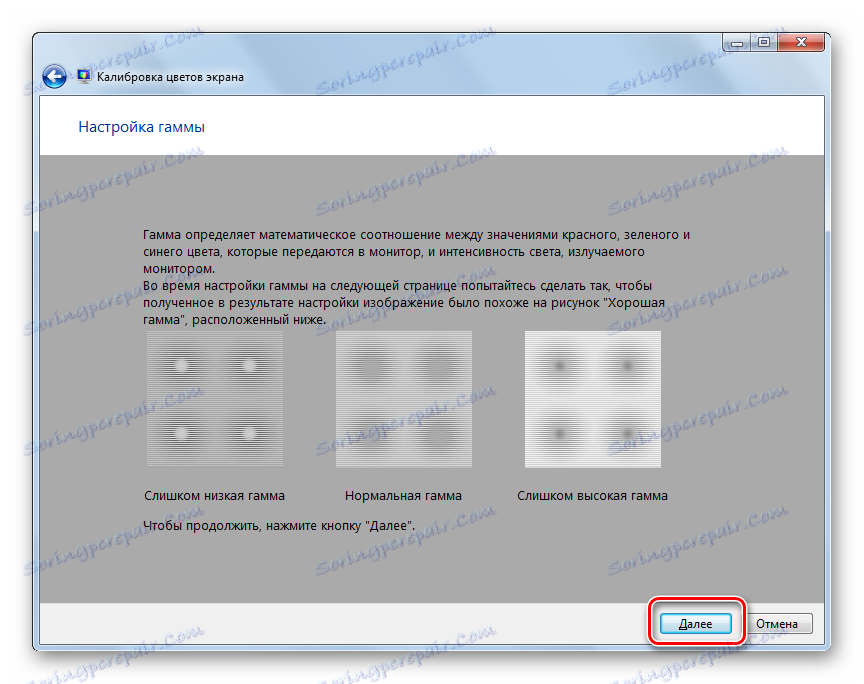 Okno nastavení gama pro nástroj Kalibrace barev obrazovky v systému Windows 7