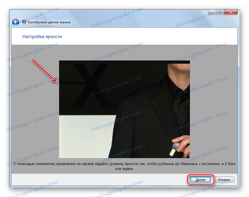 Nastavení jasu na monitoru v okně Kalibrace barev obrazovky v systému Windows 7