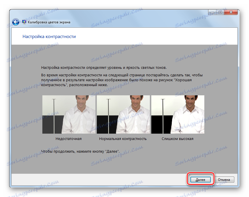 Příklad nastavení okna Kontrast Kalibrace barev na obrazovce v systému Windows 7