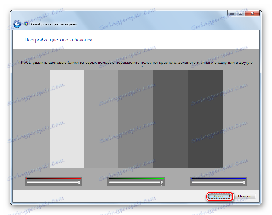 Okno pro nastavení vyvážení barev v okně Kalibrace barev obrazovky v systému Windows 7