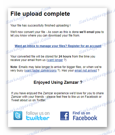 Wiadomość o pomyślnej konwersji pliku w usłudze Zamzar