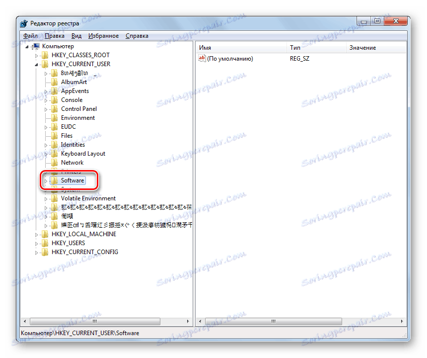 Перехід в каталог Software з папки HKEY_CURRENT_USER у вікні редактора системного реєстру в Windows 7