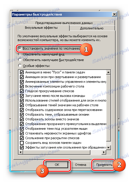 استعادة القيم الافتراضية في نافذة خيارات أداء Windows 7