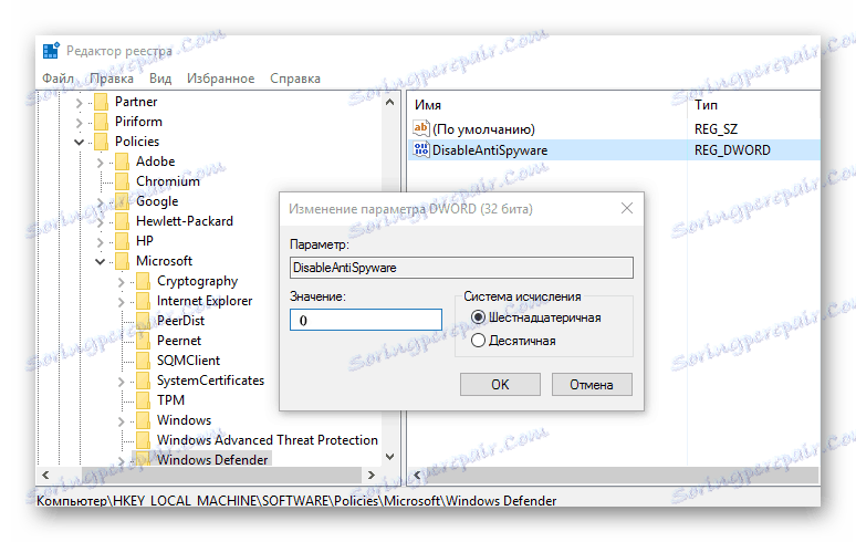 Povolenie programu Windows Defender pomocou editora databázy Registry
