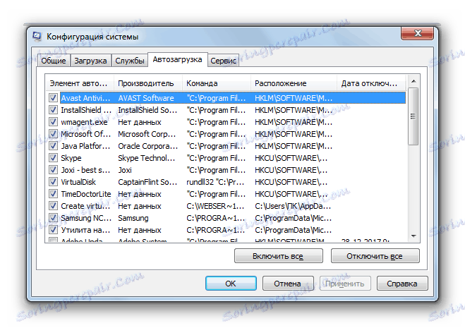 Разделът "Стартиране" в прозореца "Системна конфигурация" в Windows 7