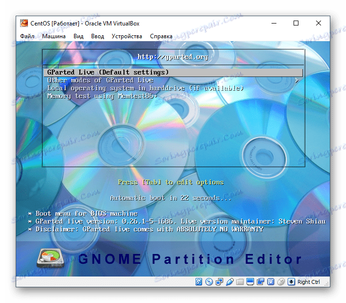 Prijava v GParted Live v VirtualBox
