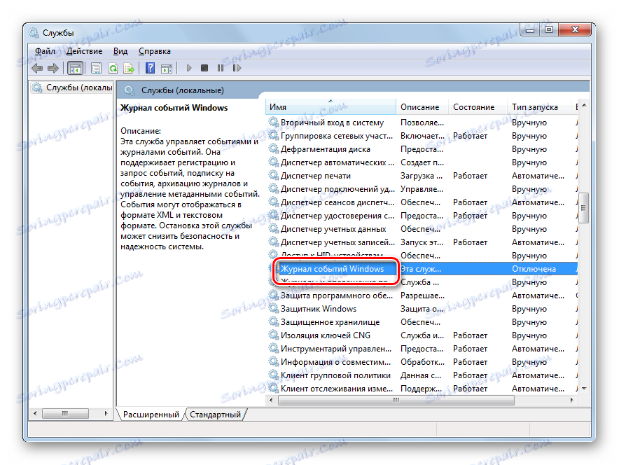 Отворете прозореца Windows Event Log Properties в Service Manager в Windows 7