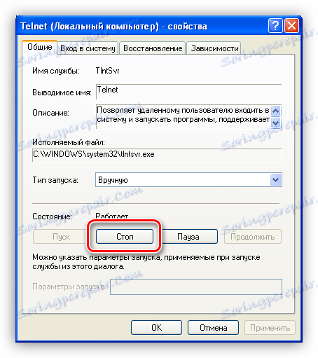 Zaustavitev storitve Telnet v operacijskem sistemu Windows XP