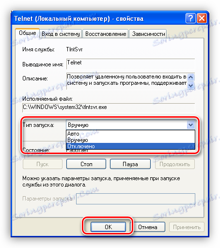 Kako spremeniti vrsto zagona storitve Telnet na Disabled v operacijskem sistemu Windows XP