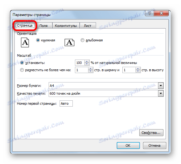 Stran z nastavitvami strani v programu Microsoft Excel