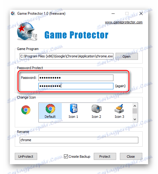 Zadání hesla do programu Game Protector
