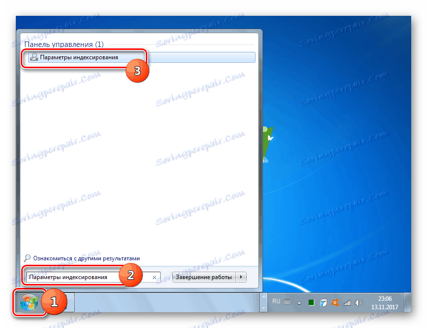 Pojdite na možnosti indeksiranja s pomočjo menija »Start« v operacijskem sistemu Windows 7