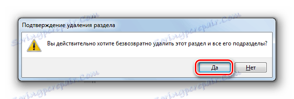 Подтверждение удаления подозрительного раздела реестра в интерфейсе Редактора системного реестра в Windows 7