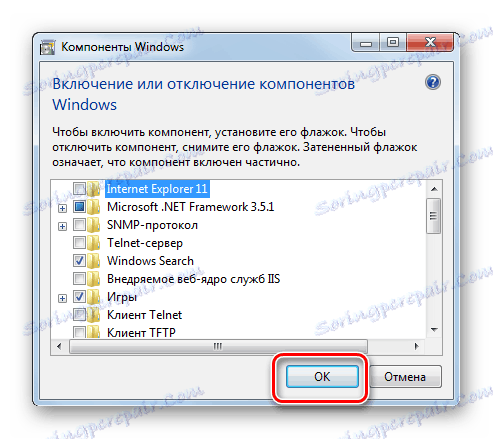 Закриття вікна Включення або відключення компонентів Windows в Windows 7