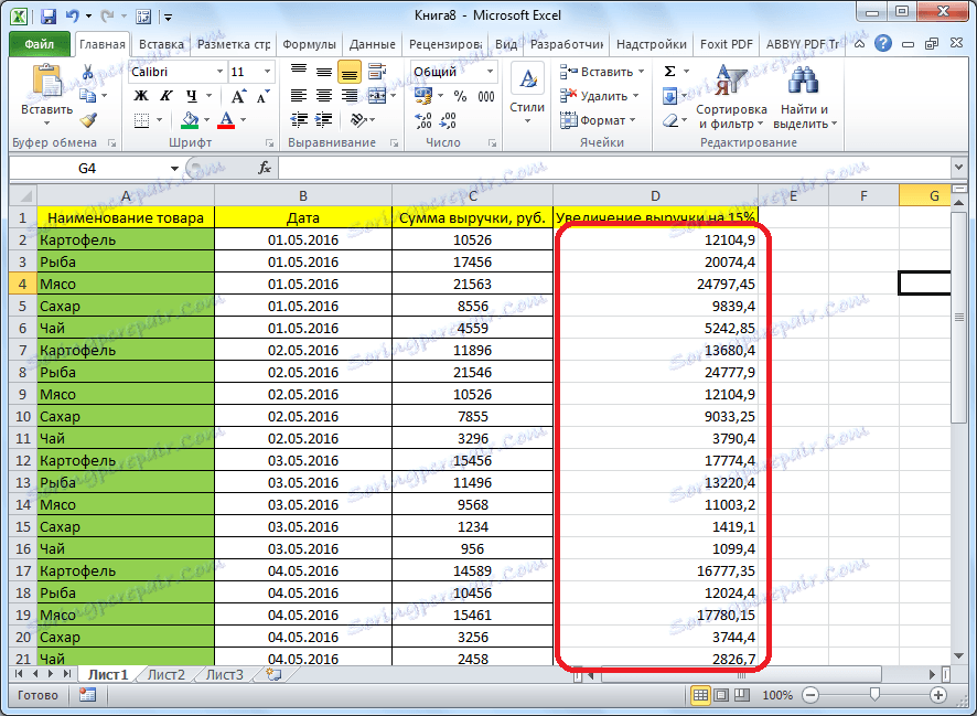Výsledek vytažení vzorce v aplikaci Microsoft Excel