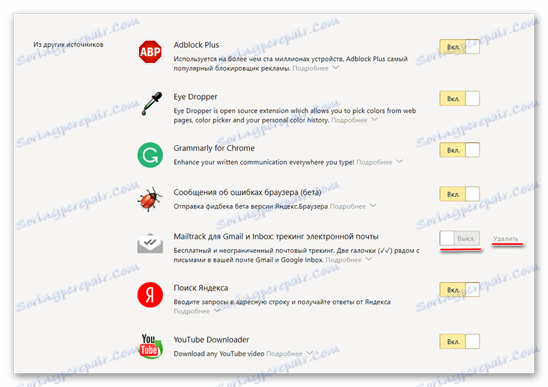 Lista dodatków w przeglądarce Yandex