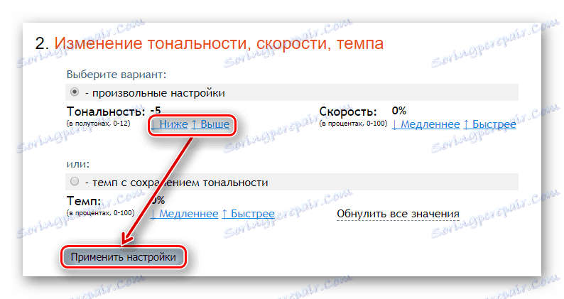 Šipky pro změnu parametru tónu na pozitivní nebo zápornou hodnotu na webu RuMinus