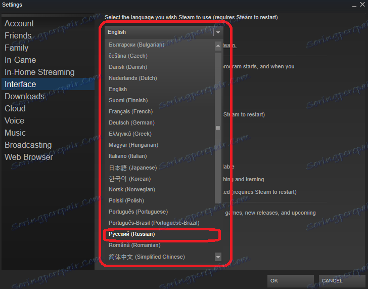 Избиране на руския език на Steam