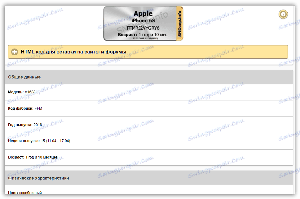Перегляд характеристик iPhone на сайті SNDeep.info