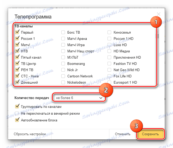 Výběr kanálů a jejich čísla zobrazované widgetem na stránce Yandex