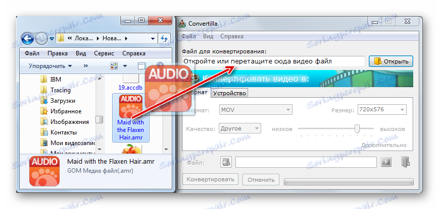 Povlačenje AMR datoteke iz Windows Explorera u ljusku Convertilla