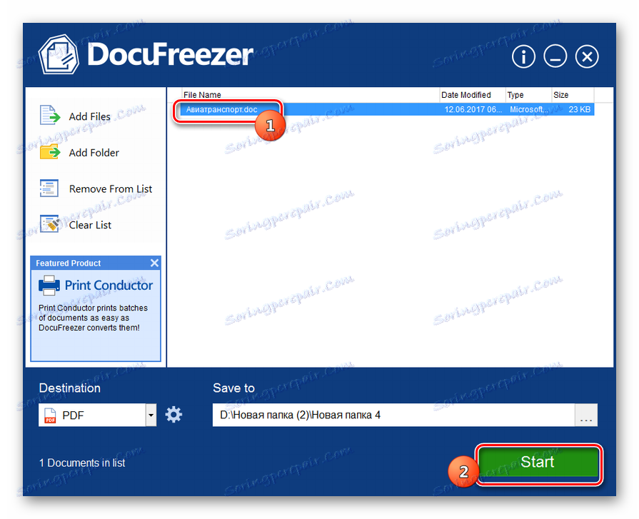 Začnite postopek za pretvorbo DOC v PDF v DocuFreezer