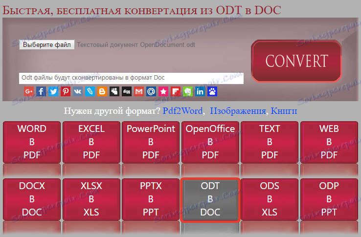 vyberte typ konverzie v aplikácii Odt Converter v Doc
