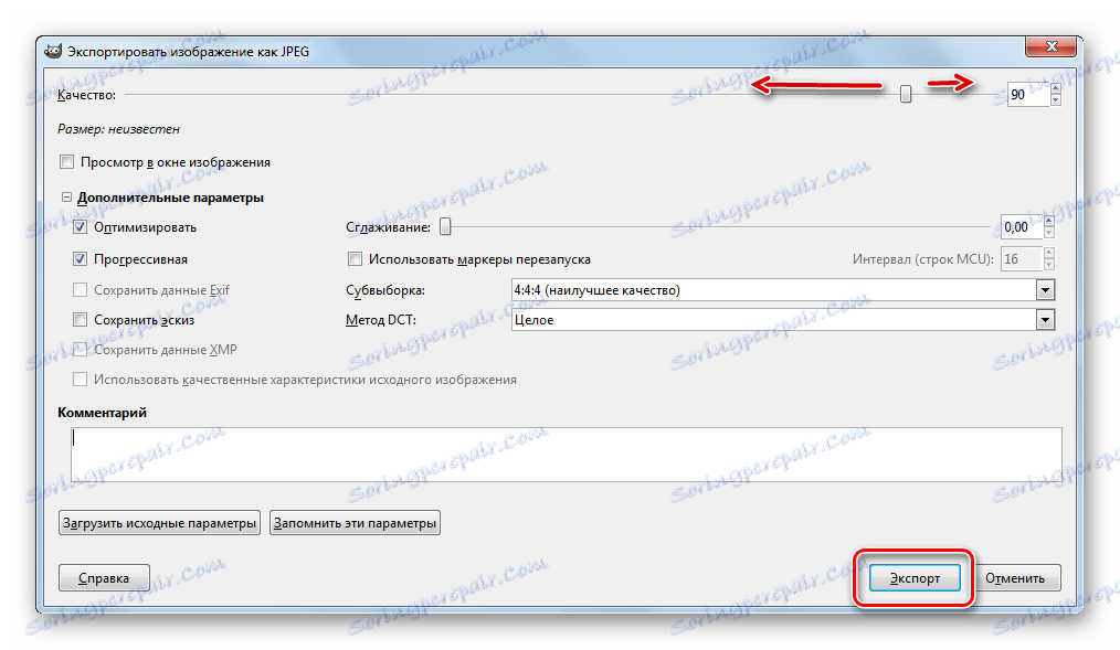 Spusťte export v exportním obrázku jako okno JPEG v programu Gimp