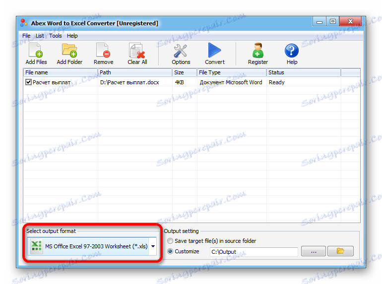 Изберете формат в Abex Excel до Word Converter