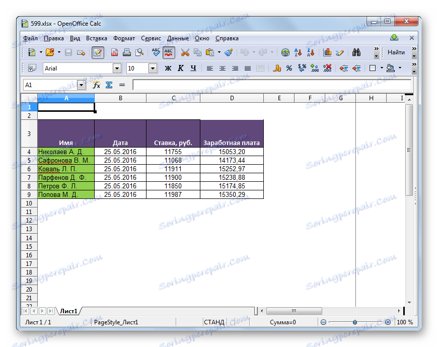 Таблиця відкрита в програмі в програмі OpenOffice Calc