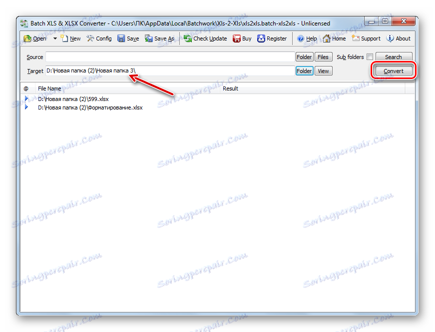 Запуск конвертації XLSX в XLS в програмі Batch XLS and XLSX Converter
