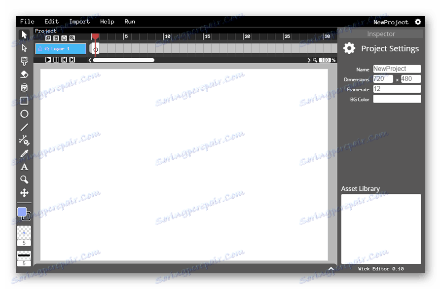 Интерфейсът на редактора на онлайн анимации Wick Editor