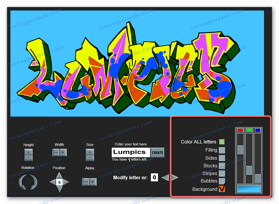 Panel pro úpravu barev a prvků v nástroji Graffiti Creator