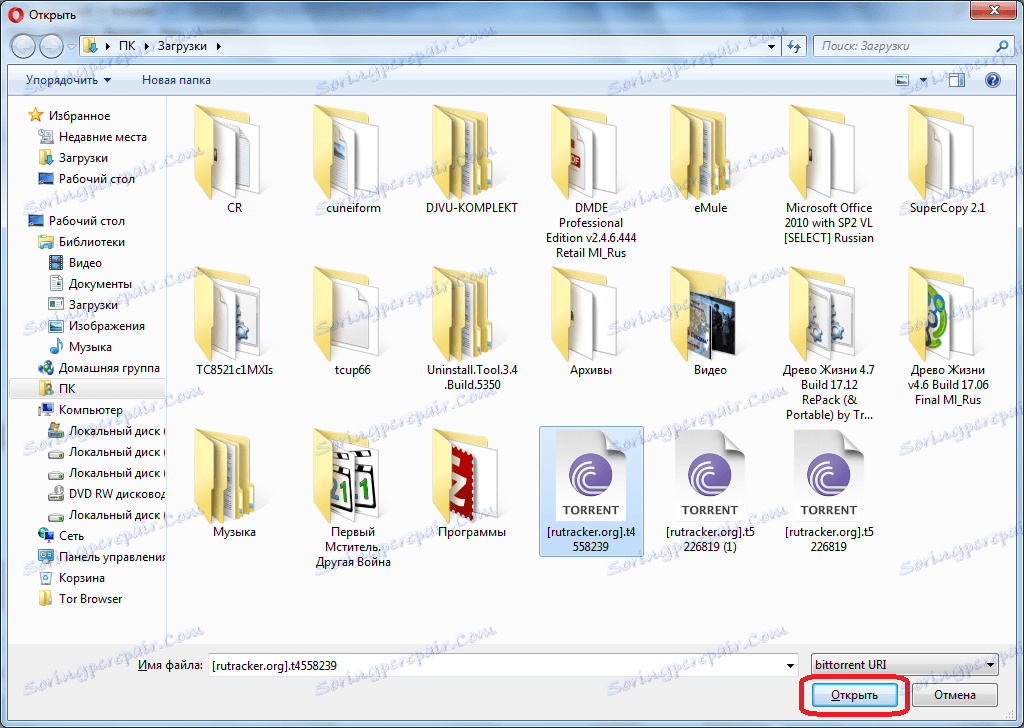 Výber súboru torrent v uTorrent easy client pre Opera