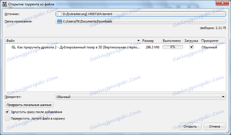Přidání souboru torrent do programu Přenos