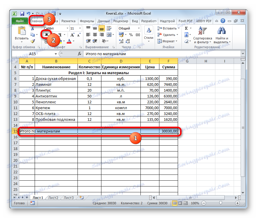 Напівжирний шрифт в рядку Разом за матеріалами в Microsoft Excel