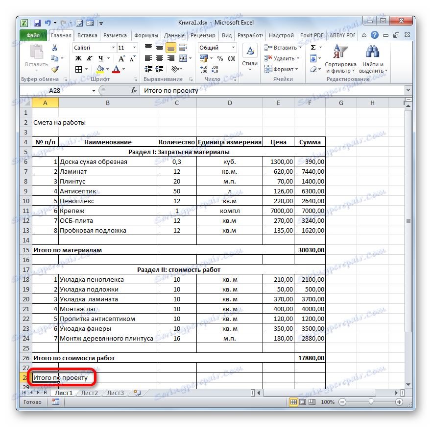 Рядок підсумків за проектом в Microsoft Excel