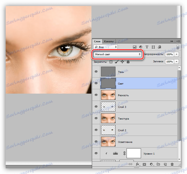 Zmień tryb na Miękkie Światło dla każdej warstwy przy wybieraniu oczu w Photoshopie