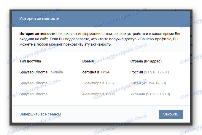 Прегледайте историята на активността в секцията с настройки на сайта VKontakte
